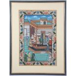 A set of three mid 20th Century Moghul gouache, pen and ink compositions on linen, scenes of