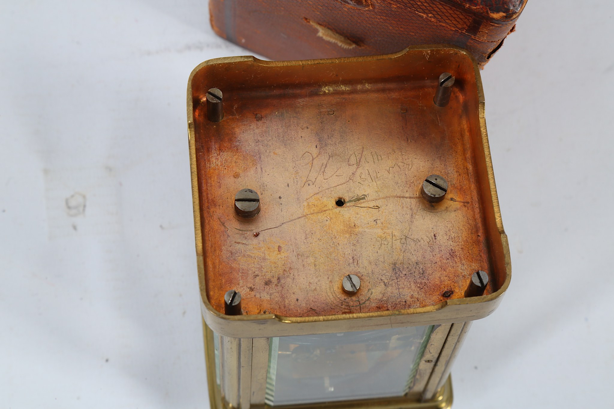 An early 20th Century brass carriage clock, with alarm and leather case, together with another brass - Image 3 of 6