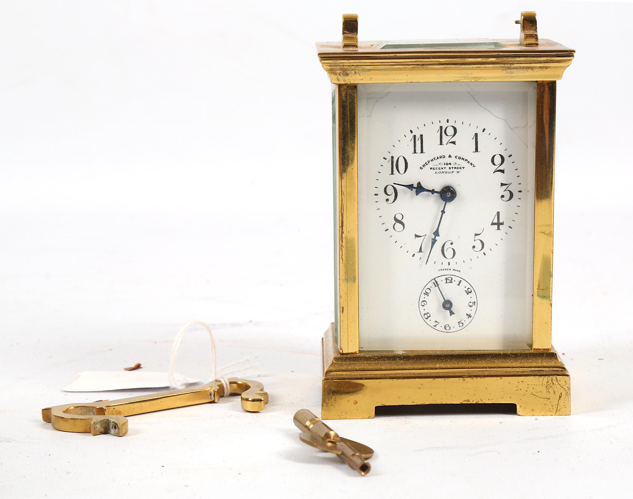 An early 20th Century brass carriage clock, with alarm and leather case, together with another brass - Image 4 of 6