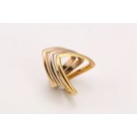 A set of three 'wishbone' gold rings, Each designed as 18 carat yellow, white and rose gold
