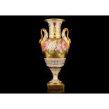 A PARIS PORCELAIN TWIN-HANDLED VASE, circa 1830, of typical baluster form, finely decorated with a