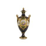 A FINE ROYAL CROWN DERBY TWIN-HANDLED VASE AND COVER, dated 1902, of baluster form with gilt