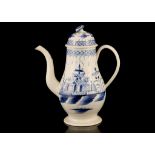 A BLUE AND WHITE PEARLWARE COFFEE POT AND COVER, late 18th century, of baluster form, painted in