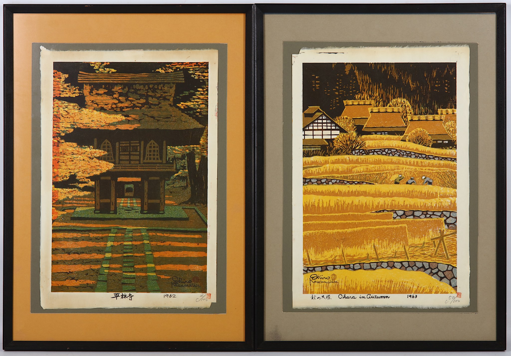 Shiro Kasamatsu, a pair of limited edition woodblock prints in 5 colours, signed and inscribed,