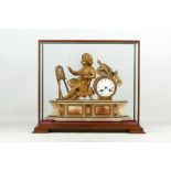 Victorian gilt spelter and alabaster mantel clock cast with a putto at an easil, H 32 cm contained