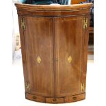 George III inlaid mahogany bowfront hanging corner cabinet fitted drawer W 85 cm