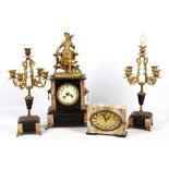 An Edwardian clock garniture in marble and slate, with gilt spelter 4 branch candlesticks, the clock