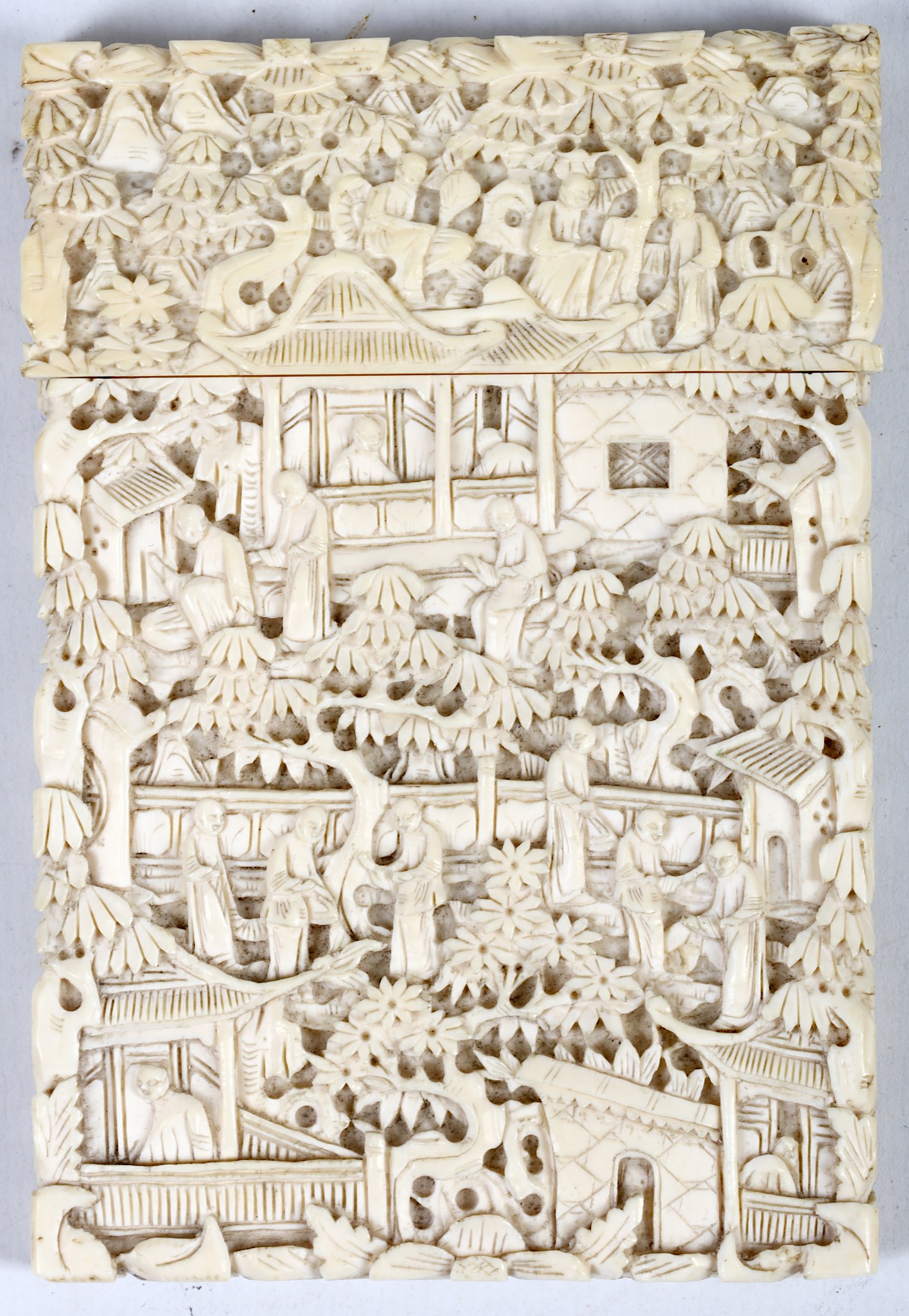 A Chinese 19th Century, Cantonese ivory card case intricately decorated with scenes of village - Image 2 of 2