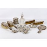 A mixed group of antique sterling silver including a Victorian silver mounted thistle decanter,