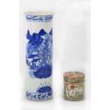 A Chinese blue and white sleeve vase 30x12cm together with a famile rose circular pot and cover.
