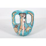 Italian Gambone style twin handled pottery vase decorated with abstract figures on a turquoise