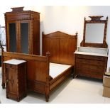 Victorian pitch pine carved simulated bamboo four piece bedroom suite comprising a mirrored two door