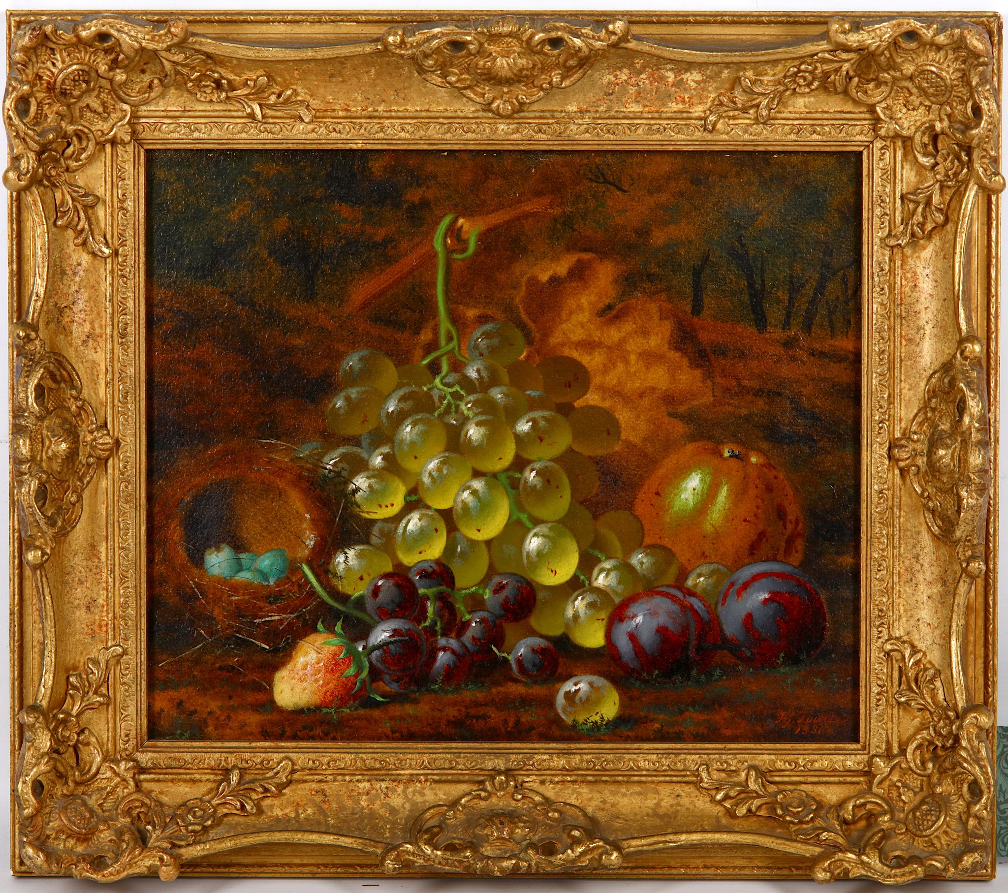 Late 19th Century Continental school. 'Still Life Grapes, Strawberries and Plums'. Oil on milled