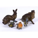 A pair of Austrian cold painted bronze hares, together with 2 cold painted bronze blue tits and a