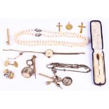 A collection of jewellery, Including a wristwatch by Cyma, two stick pins, a cultured pearl