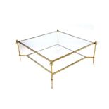 CHARLES SAUNDERS, contemporary square patinated brass and glass coffee table, with lower tier and