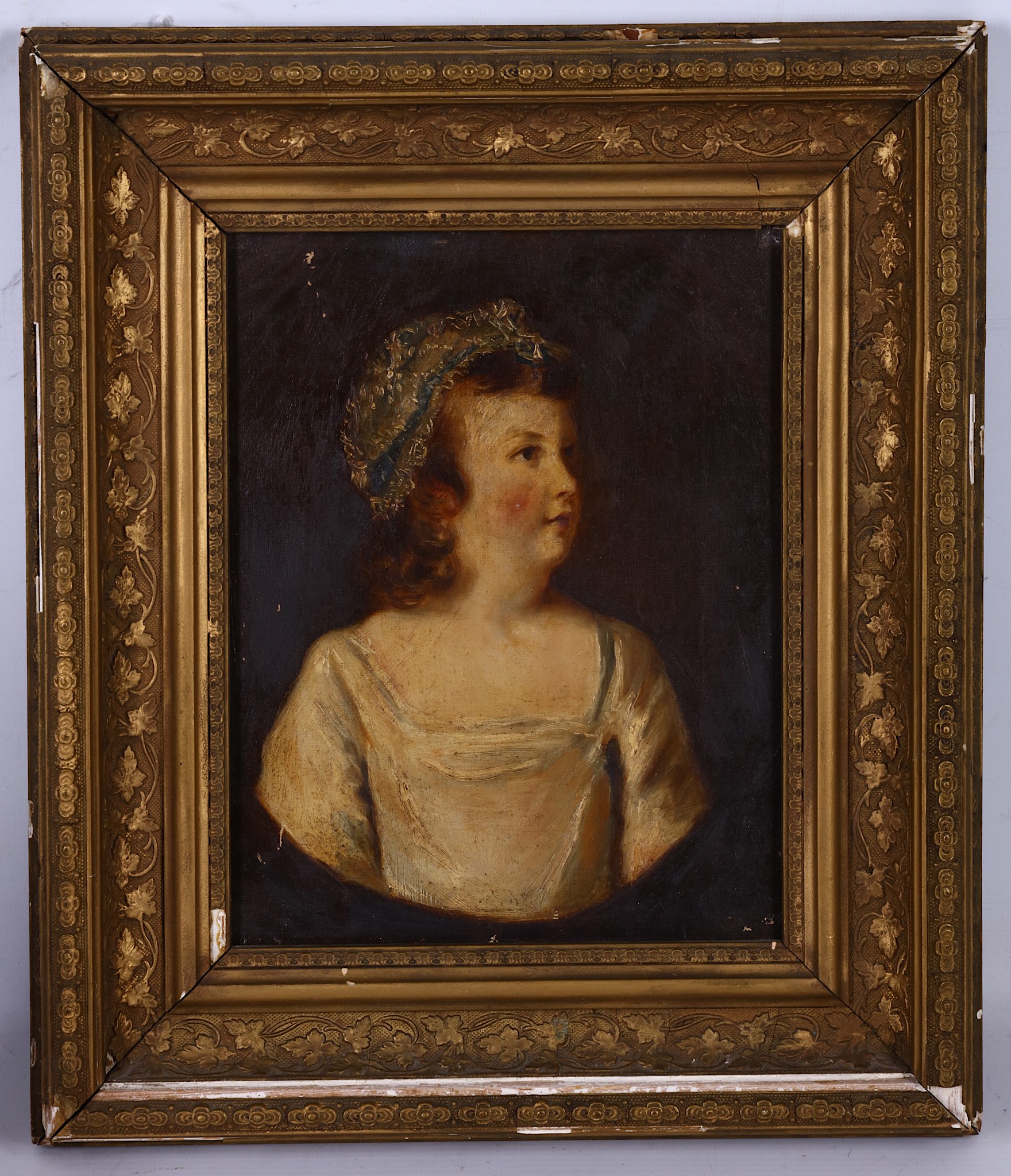 Mid 19th Century English school, portrait of a young girl in lace bonnet, oil on canvas, 24 x 19cm.