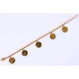 A coin bracelet, The fancy-link bracelet suspending five stylized sovereigns, stamped 21ct