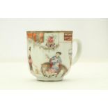 A CHINESE FAMILLE ROSE FIGURATIVE COFFEE CUP AND SAUCER. Qing Dynasty, Yongzheng era. Decorated with