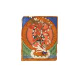 A PAINTING OF KURUKULLA. Tibet, 19th Century. The goddess standing in ardhaparyankasana, trampling