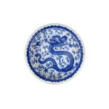 A CHINESE BLUE AND WHITE ‘DRAGON’ WASHER. Qing Dynasty, 19th Century. Of compressed circular form,