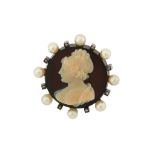 A hardstone cameo, pearl and diamond brooch, circa 1900