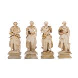 A set of four 17th Century carved alabaster figures on plinths, possibly representing the seasons,