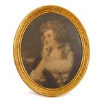 A pair of large 19th Century oval shaped framed mezzotints, depicting aristocratic ladies in the