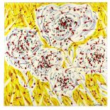 A C WARMAN, untitled, 2009, abstract still life of flowers in yellow, oil on canvas, signed and