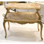 A 19th Century French giltwood and gesso two tier étagère with variegated marble surfaces on shell