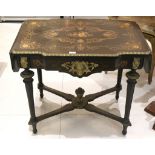 A late 19th Century French marquetry inlaid, gilt metal mounted ebonised drop flap centre table,