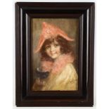 Mary W. Rutherford, British. 'Portrait of a Young Girl as a Harlequin'. Pastel on grey. Signed and