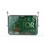 An Edwardian double sided hanging sign for 'Clarks For Shoes', panels of glass sign written in