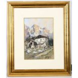 A.J. Meyer fl. 1930's. 'A Chalet in the Alps'. Watercolour and gouache. Signed lower right.