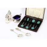 A mixed group of sterling silver including a set of six enamelled coffee spoons, Birmingham 1933