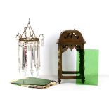 A bronze 4 sided hall lantern with green glass shades, sold with a hanging prism lustre hall