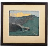 Martha Cunz 1876-1961 Swiss. 'Alpine Landscape with Steam Train'. A limited edition woodblock