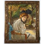 French school circa 1900. 'Billet-Doux'. Oil on canvas. A red haired young woman sits on a terrace