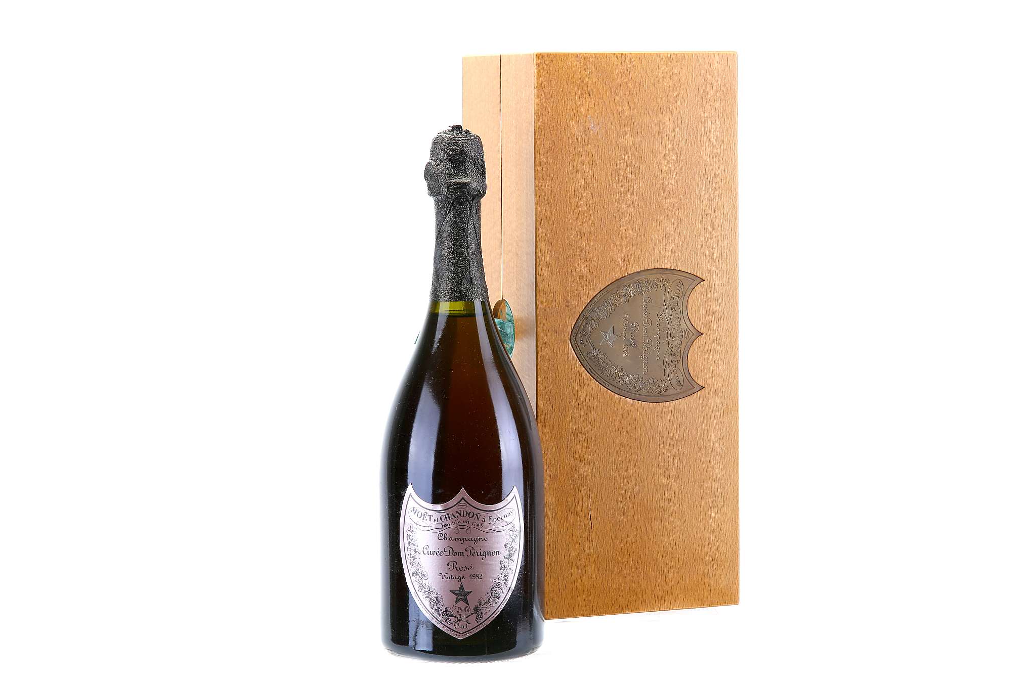 5 bottles Dom Perignon Rose 1982 In original wooden cases, one missing Dom Perignon shield logo, one