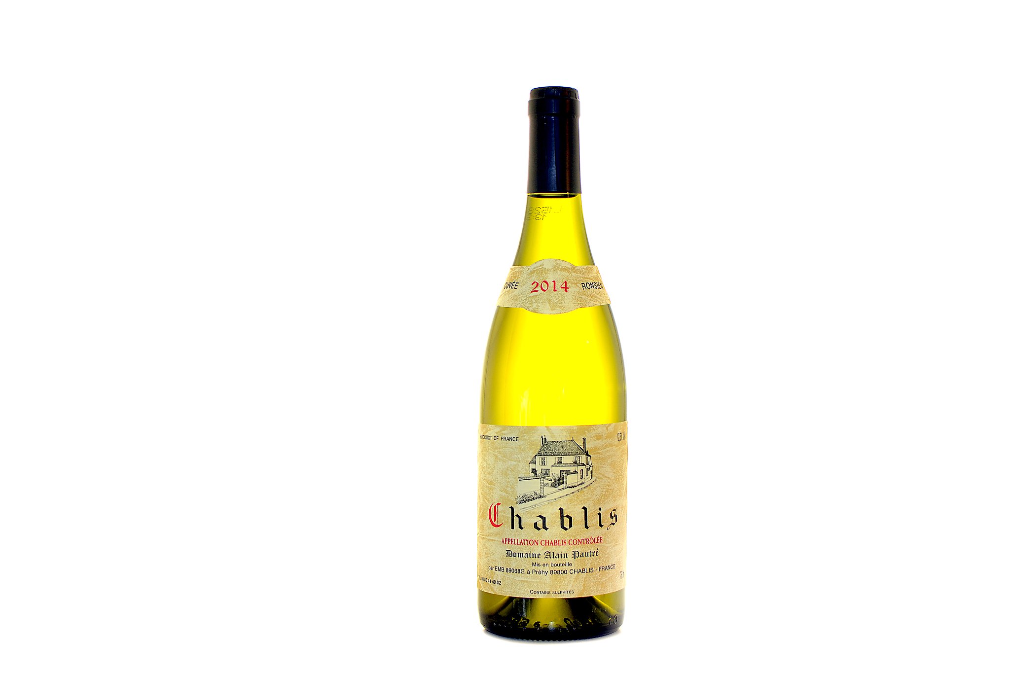 24 bottles Chablis, Cuvee Ronsien 2014 Chablis. Domaine Alain Pautre, bottled by J-M Brocard In