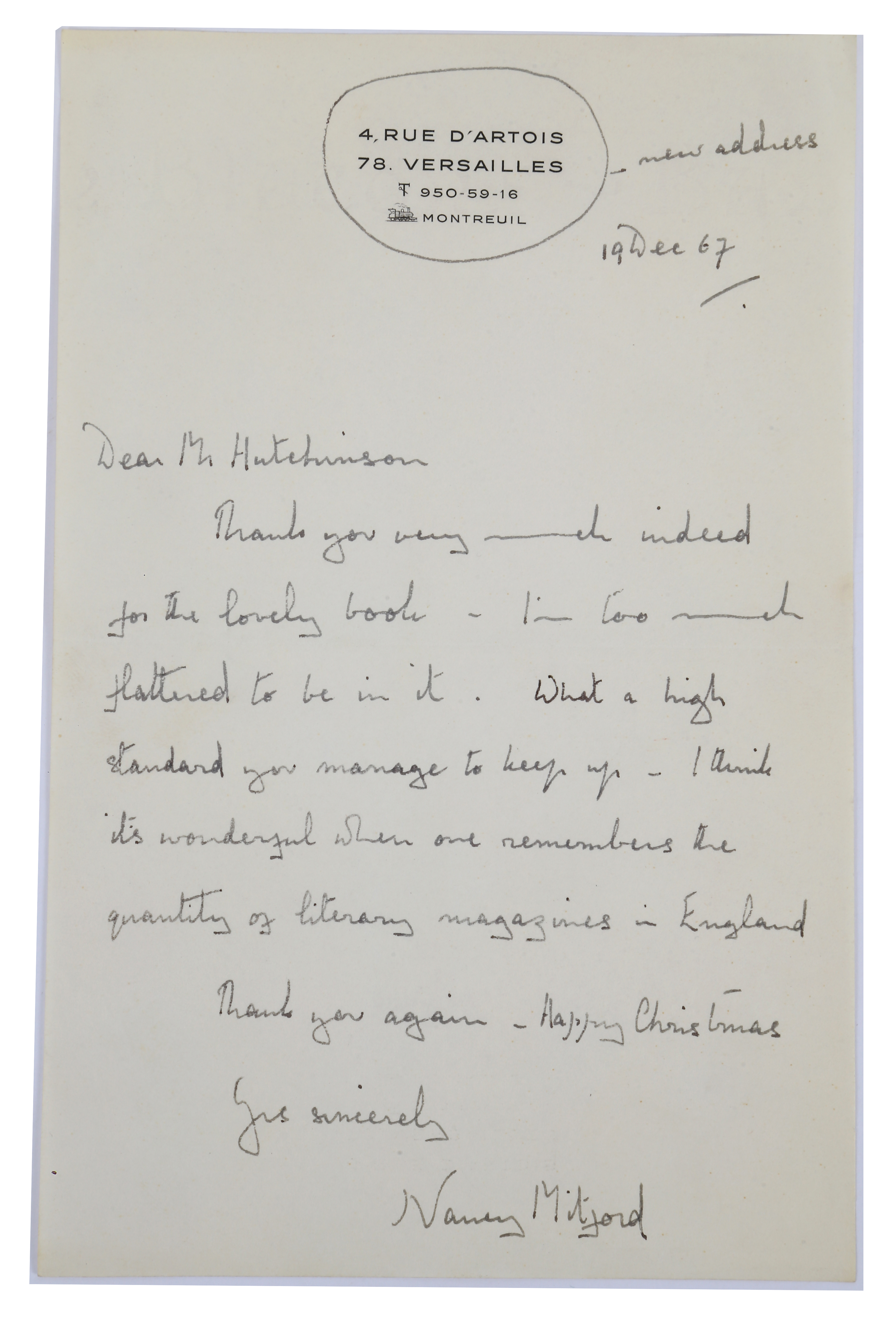 MITFORD, Nancy (1904-73). ALS. Dated ‘19 Dec 67’ ‘Dear Mr Hutchinson Thank you very much indeed