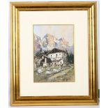 A.J. Meyer fl. 1930's. 'A Chalet in the Alps'. Watercolour and gouache. Signed lower right.