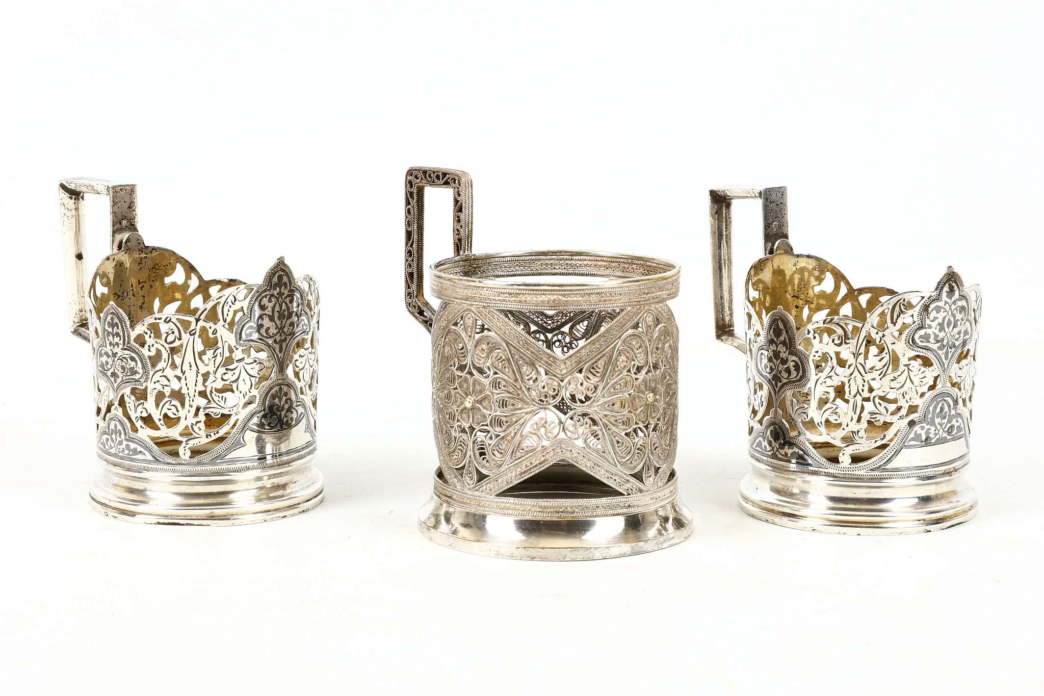 A pair of mid-20th century Russian 875 standard silver tea glass holders, Moscow post-1958 each of