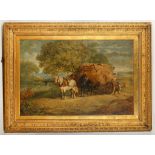 English school circa mid 19th Century. 'Gathering Hay'. Oil on canvas landscape scene with horse and