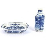 A Chinese blue and white landscape snuff bottle, 8cm high, together with a small saucer dish, 9.