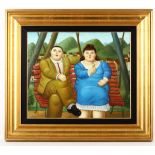 After Fernando Botero (Columbian, b.1932), untitled, late 20th century oil on canvas, couple on a