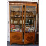 A large Edwardian Sheraton style, mahogany inlaid bow-front library display bookcase - cabinet,