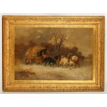 English school mid 19th Century. 'Winter Travellers'. Oil on canvas. A team of four horses pull a