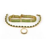 Two 9 carat gold bracelets and a ring, set with imitation green gems, UK hallmarks (3)