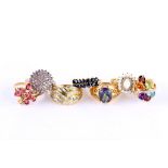 A collection of ten 9 carat gold rings, set with gems and imitation gems, UK hallmarks (10)